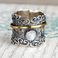 bohemian vintage big width moonstone rings for women retro two color handmade carved leaf pattern ring statement female jewelry