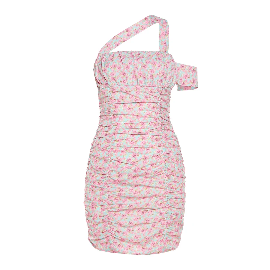 

Sylcue Summer new French small fresh idyllic style floral one word shoulder bubble sleeve dress women's oblique shoulder skirt