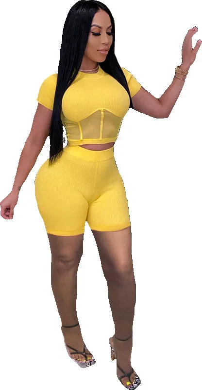 

2021 Summer New Women's Clothing Solid Color Rib Fabric Cloth Stitching Mesh Sexy Casual Two-Piece Set