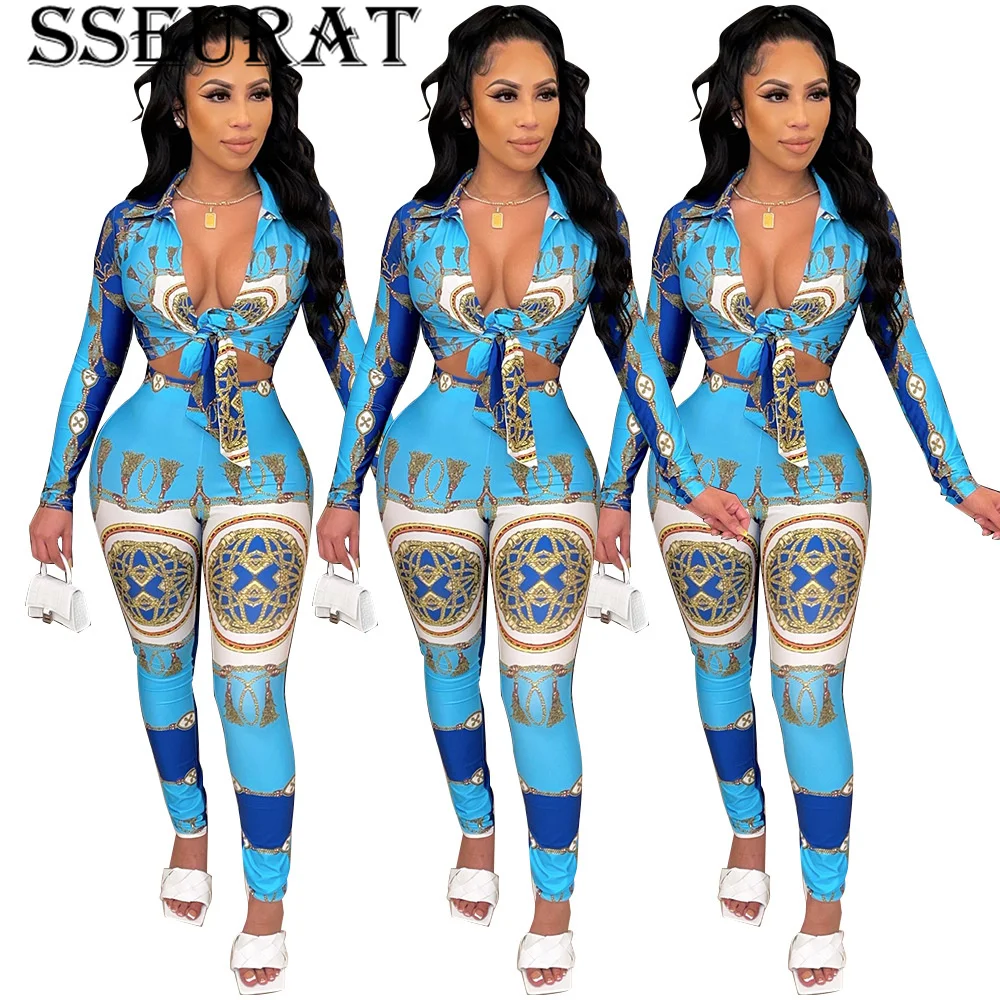 

SSEURAT Women Set Vintage Printed Shirt Set Long Sleeve Tie Front Shirt & Slim Pants Two Piece Set