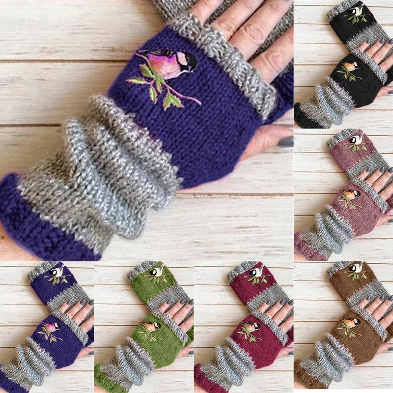 

1 pair Birds Embroidery Gloves Womens Girls Knitted Fingerless Rekawiczki Damskie Color Block Splice Mittens Fashion Winter