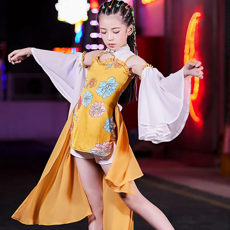 

2020 Jazz Dance Costume For Girls Festival Clothing Yellow Kids Cheerleader Costume Hip Hop Dance Wear Street Outfits DL6783