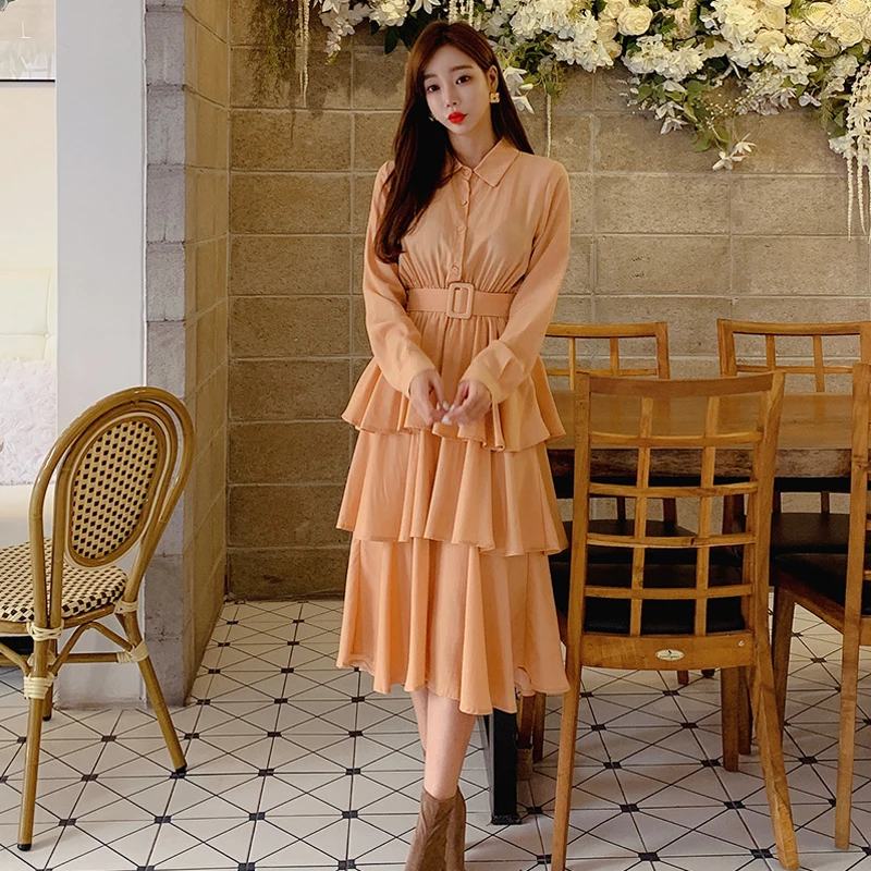 Женское длинное платье макси CINESSD оранжевое Повседневное с оборками и длинным