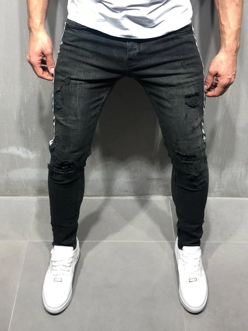 Men Skinny jeans New Fashion Side Stripe Destroyed raw Denim Pencil casual pants | Мужская одежда