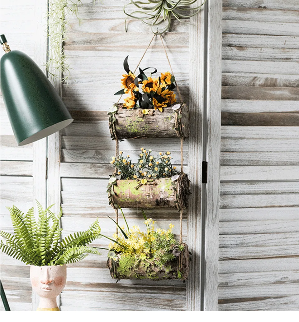 Household Wall Hanging Flower Pot Natural Bark Flower Pot Handmade Hemp Rope Bow Vertical Flower Pot Creative Wall Decoration