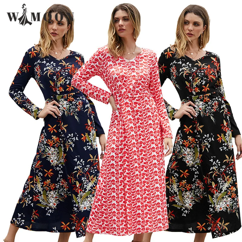 

Long Sleeve Celebrity V-neck Dress Printed Autumn Winter A-LINE Office Lady Elegant Vestidos Split Casual Long Woman Dress