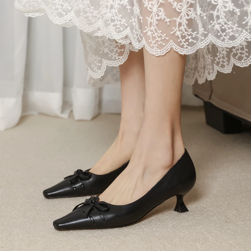 

MORAZORA Plus Size 34-43 New Genuine Leather Shoes Woman High Heels Summer Party Wedding Shoes Ladies Pumps Bowetie Footwear