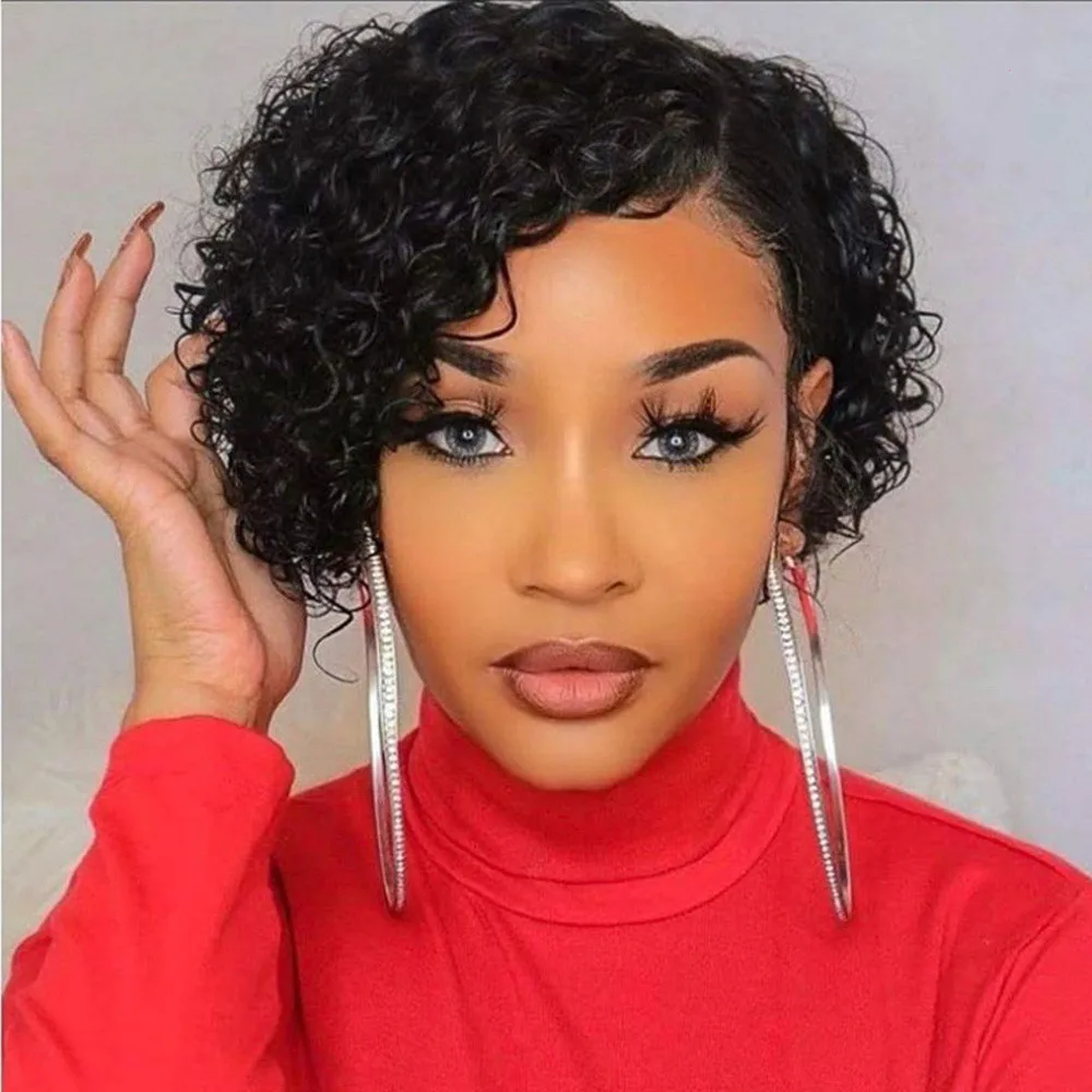 

Short Pixie Cut Wig Curly Human Hair Wigs For Women Deep Wave Frontal Wig Side Part Bob Wig 13x1 T Part Transparent Lace Wigs