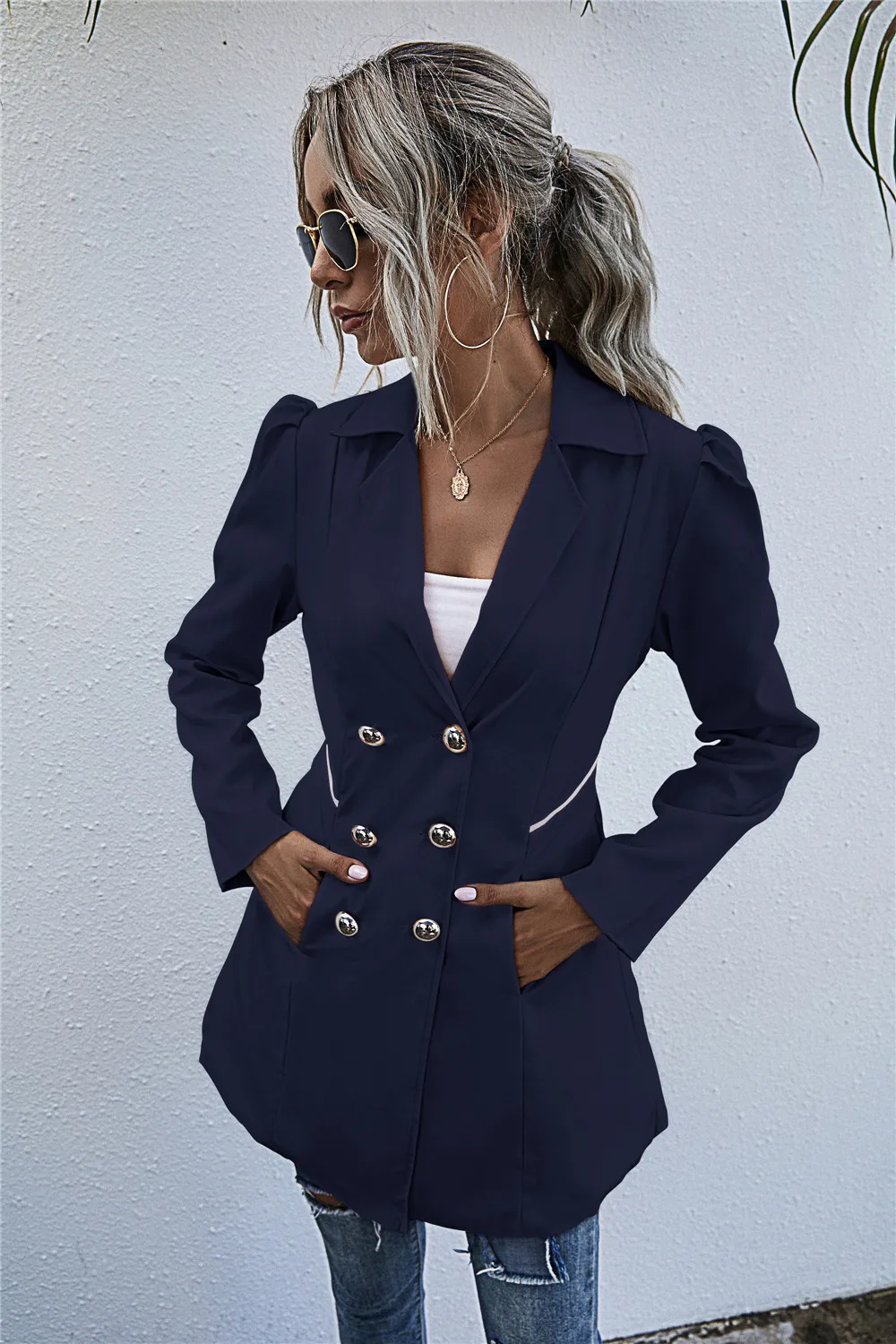 

Autumn trench coat for women Casual long sleeve turn-down collar double-button long coat women slim black blazer 2020