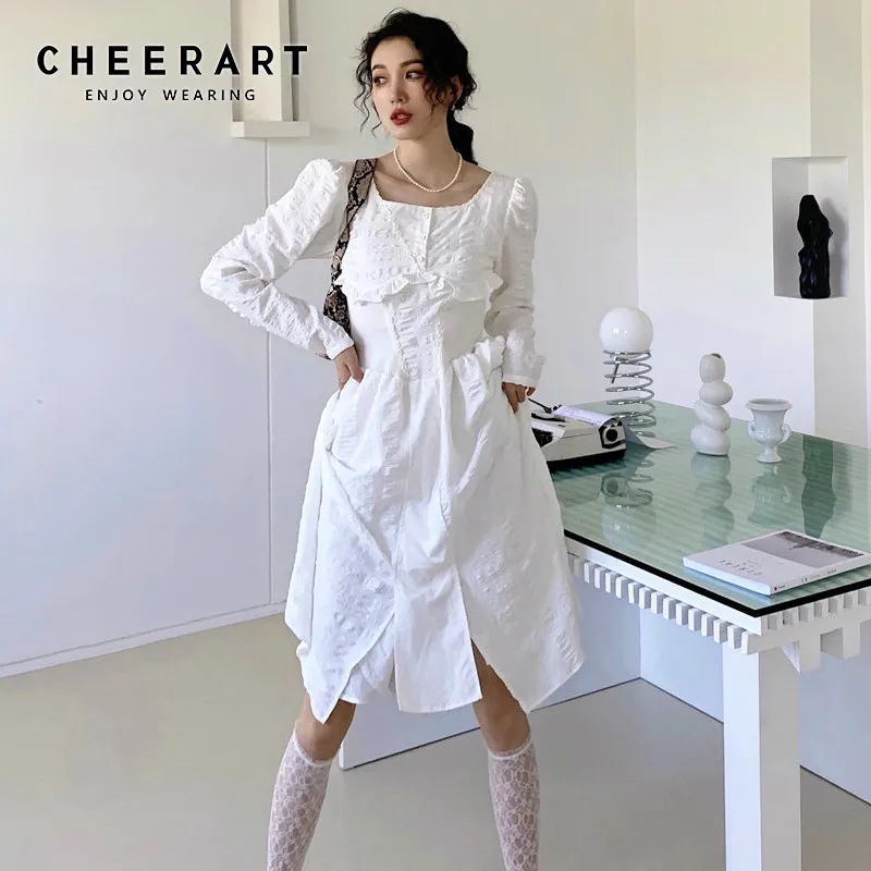 

CHEERART White Puff Sleeve Long Ruched Dress Women Square Neck Ruffles Tunic A Line Designer Winter Dress Korean Fashion