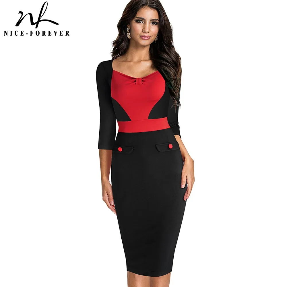 

Nice-forever Vintage Contrast Color Patchwork Office Dresses Bodycon Women Formal Business Slim Fitted Dress btyB369