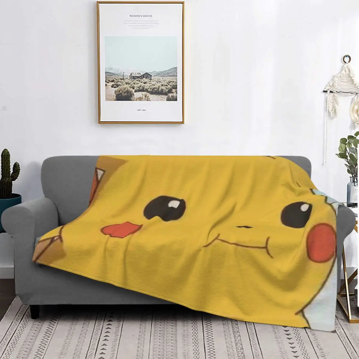 

Bikachu Cute Yellow Face Blanket Flannel Spring/Autumn Anime Japan Lightweight Throw Blanket for Sofa Office Bedding Throws