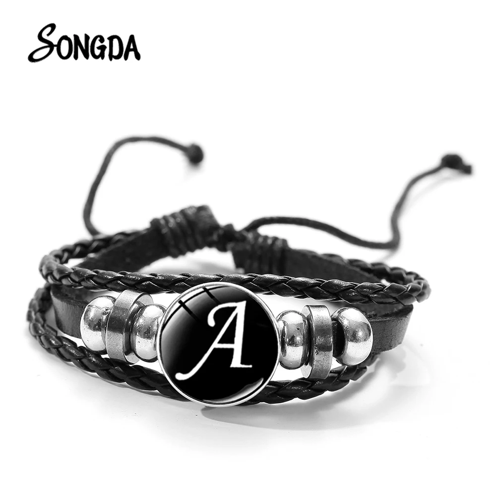

26 Letter A-Z Initial Alphabet Leather Bracelets for Women Men Braided Beaded Bracelet Bangle Punk Rock Glass Snap Jewelry Gift