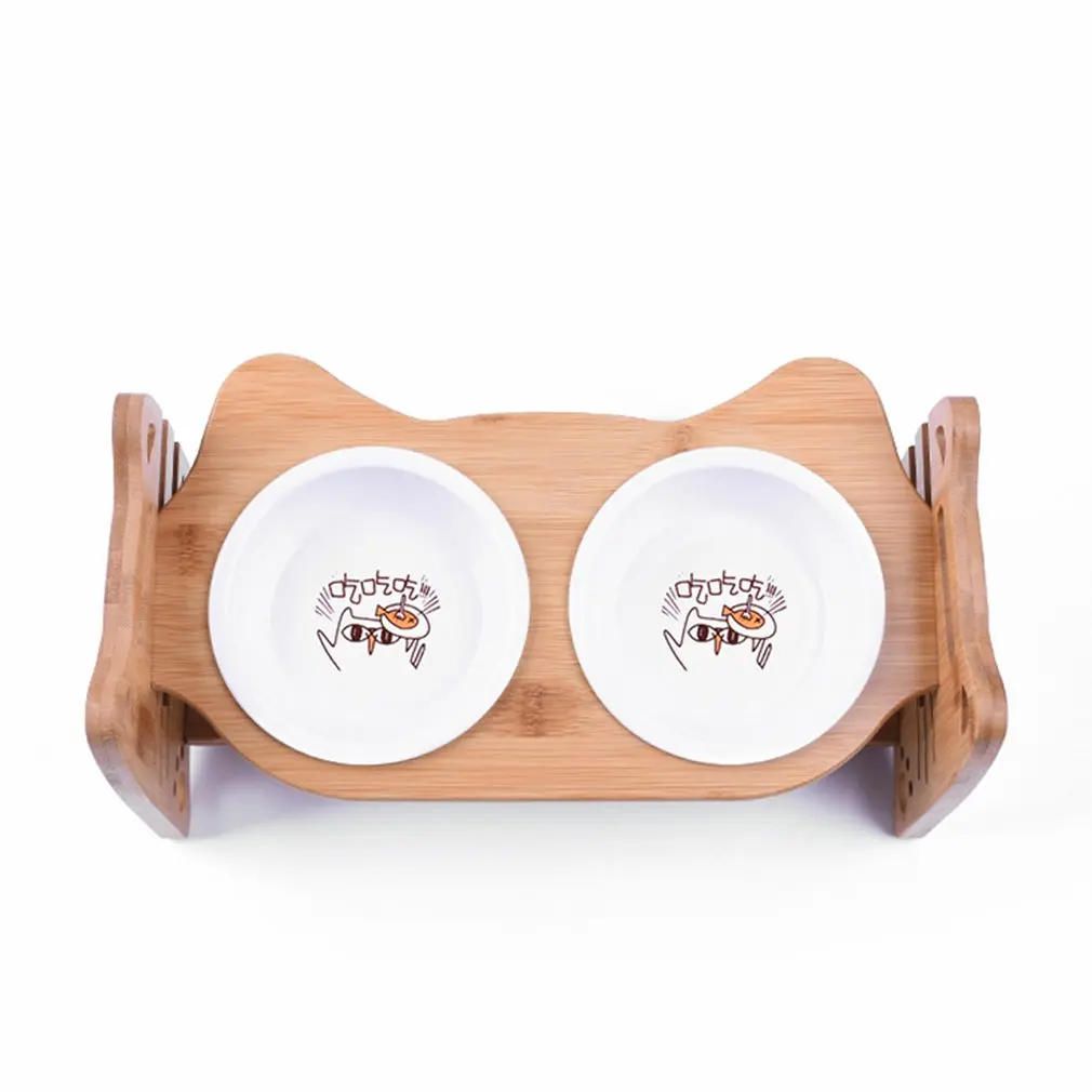

Wood Porcelain Material Feeder For Pet Dogs Pet Feeder Pet Products Durable Up And Down Double-bowl Pet Bowl