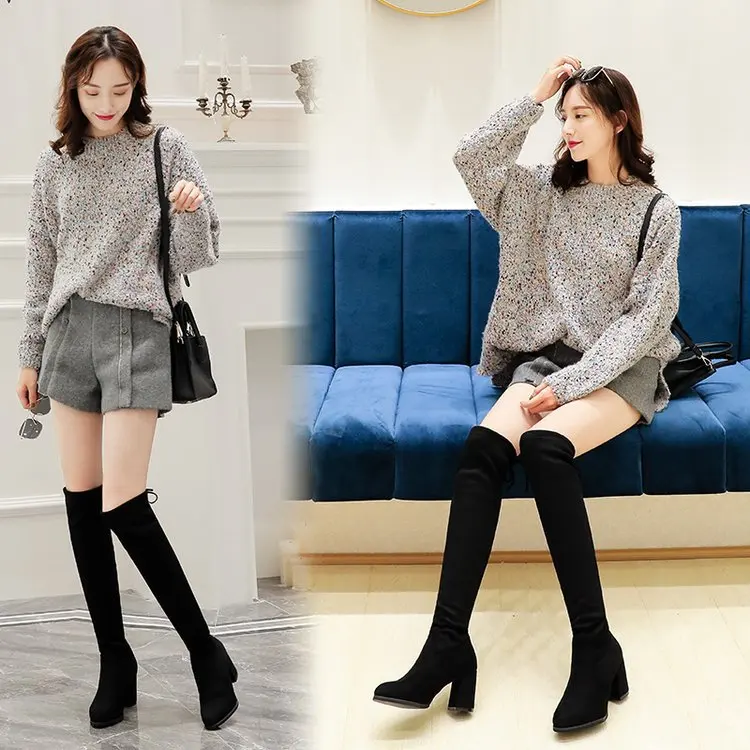 Женские облегающие сапоги выше колена на толстом высоком каблуке в Корейском