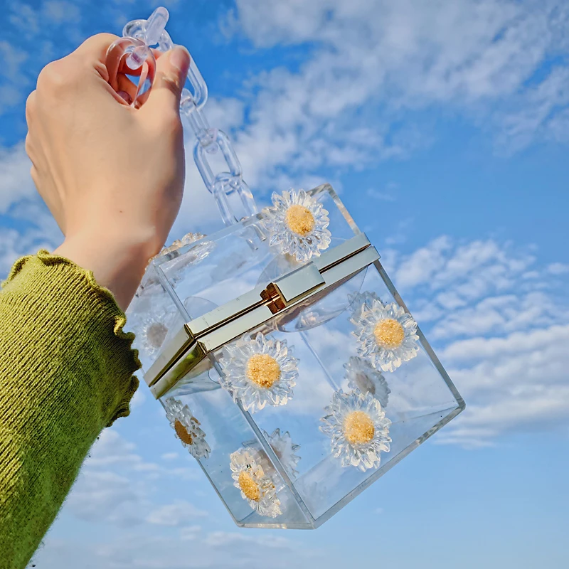 

Transparent acrylic handbag Summer Mini tote bags Daisy flower Evening Purses Clutches Luxury Box bag chain messenger bags 2020
