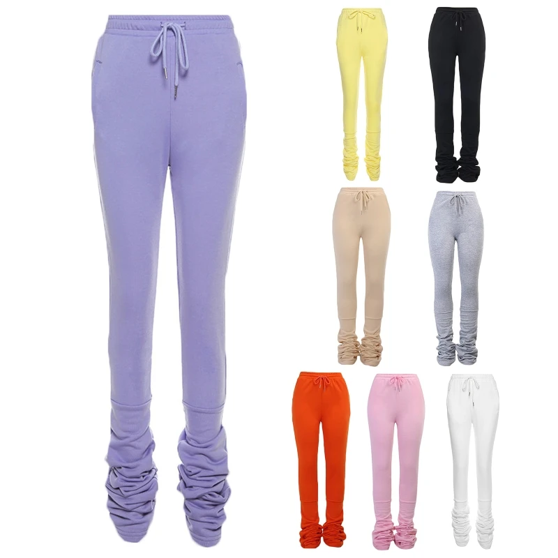

Women Winter High Waist Stacked Pants Solid Color Ruched Jogging Sport Leggings Casual Drawstring Active Sweatpants Streetwear