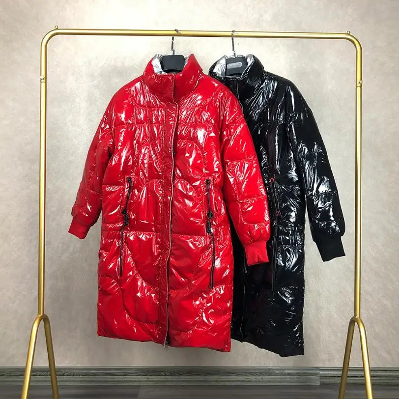 Глянцевое пуховое пальто из лакированной ткани зимнее роскошное качественное