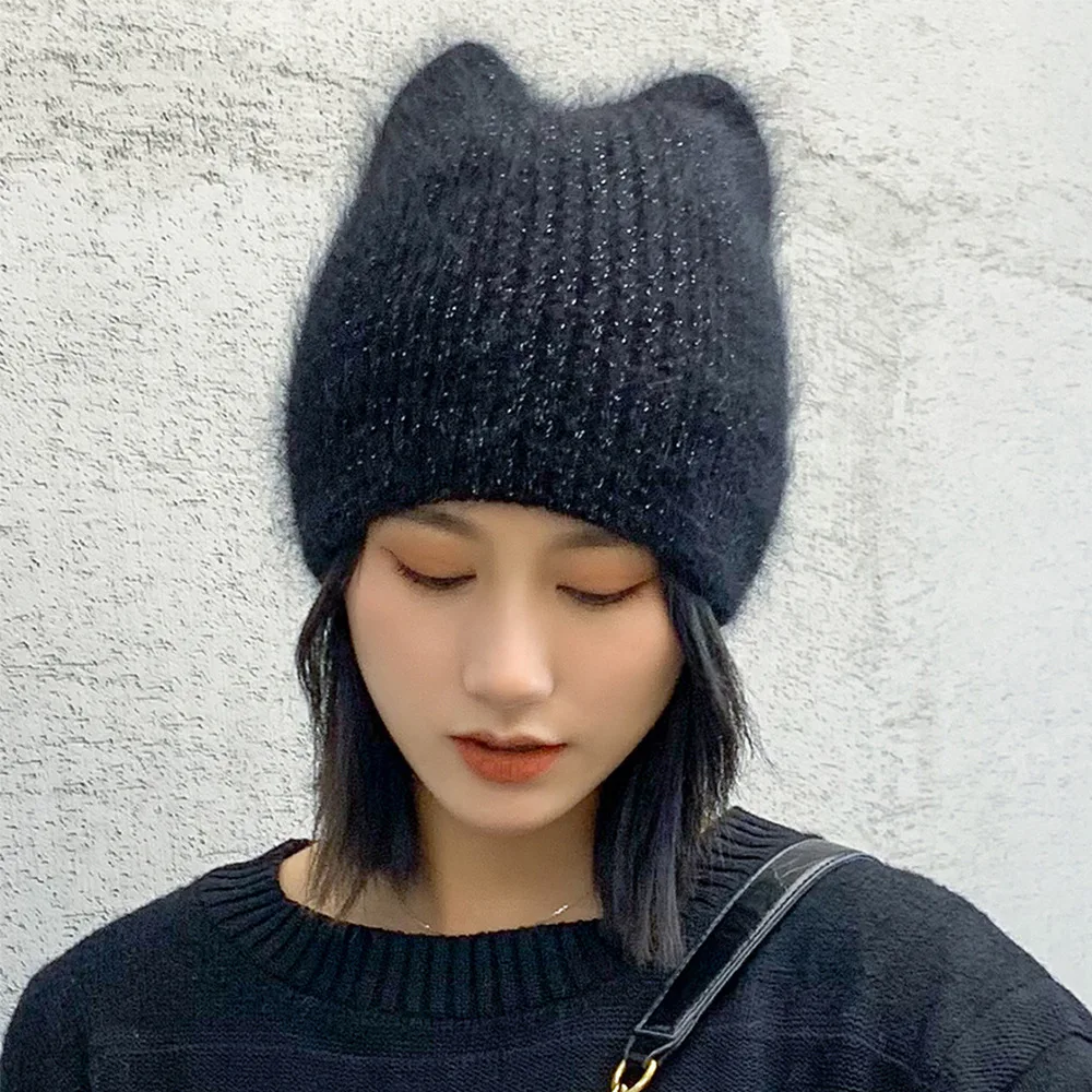 

Winter Hat Rabbit Fur Cat Ears Solid Autumn Knitted Beanies Hats Best Warm Soft Bodycon Hat Gift