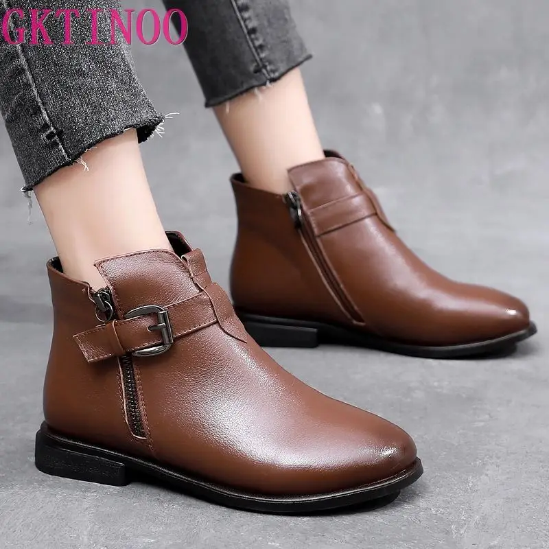 

GKTINOO Autumn Winter Genuine Leather Flat Ankle Boots For Women Warm Boots Side Zipper Soft Comfortable Cow Leather Botas