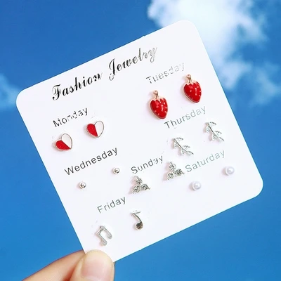 7 пар/компл.. Серьги Искусственный горный хрусталь каждый день разные