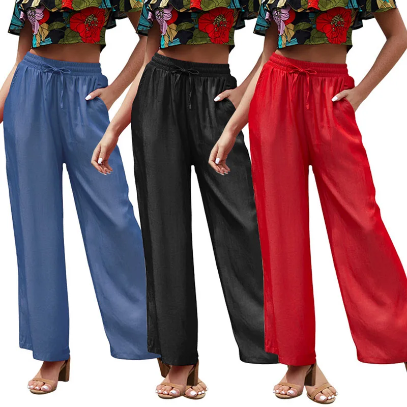 

Hot Women Lady Solid Color Loose Elastic Waist Casual Pants for Autumn Beach Party
