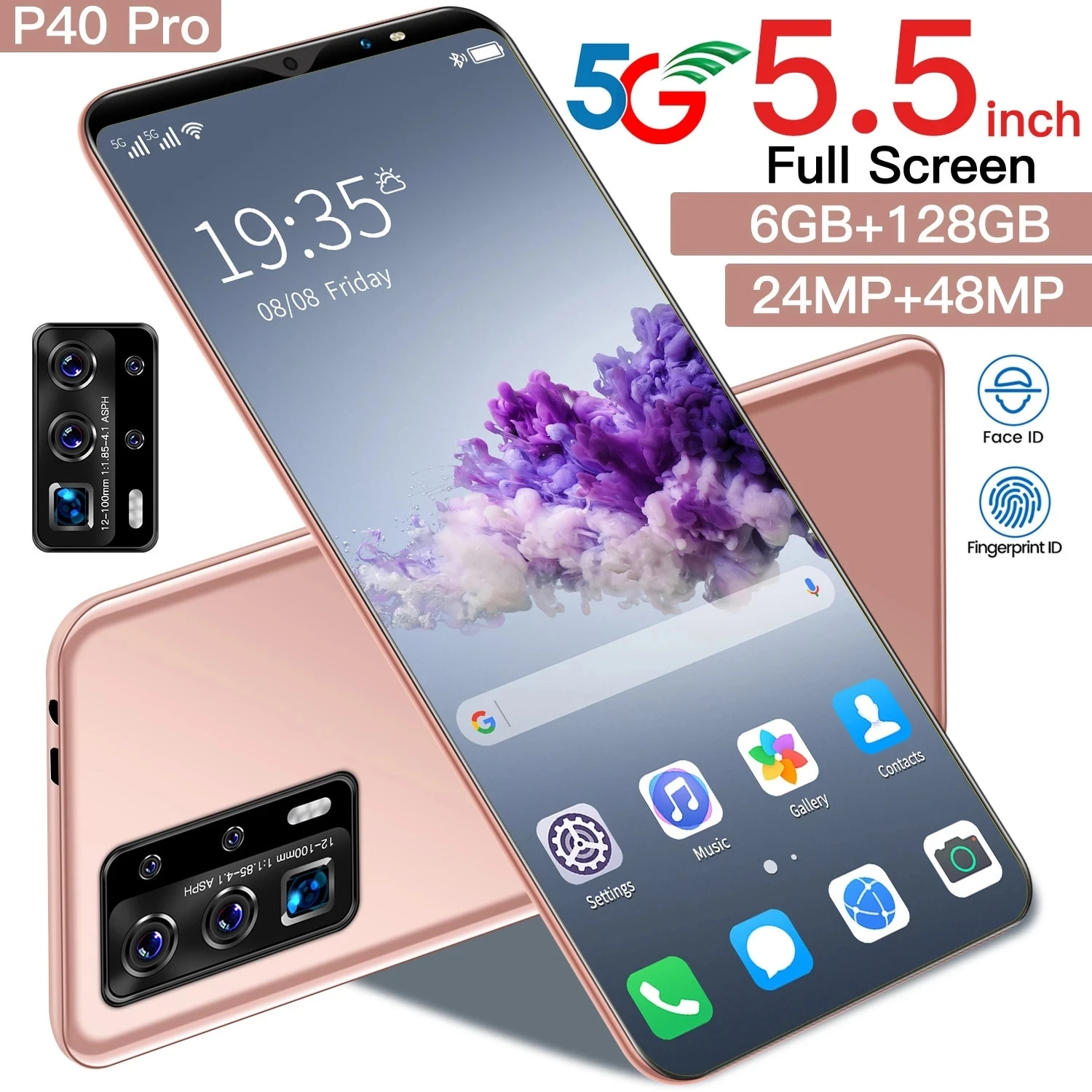 

2021 P40 Pro 5.5 Inch Smart Phone Fingerprint Face ID 4800mAh Andriod 10.0 Dual SIM Mobile Phones 10 Core 24+48MP MTK6763