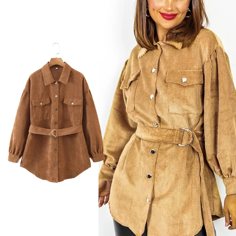 

TRAF Za 2021 Women Jacket Belt Coat Autumn Woman Corduroy Jacket Casual Long Sleeve Single-Breasted Ladies Tops