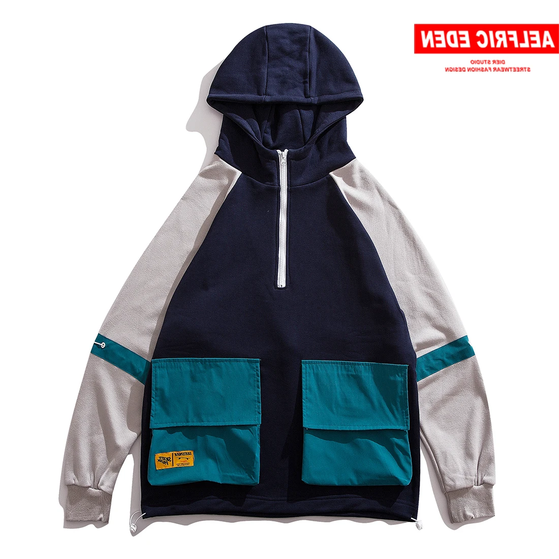 

Patchwork Big Pockets Hoodies Mens 2021 Autumn Harajuku Hip Hop Streetwear Casual Male Pullover Fashion Sweatshirts