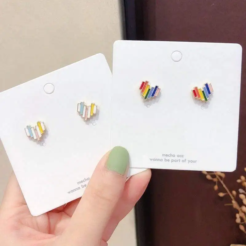 Корейские японские милые радужные металлические серьги в форме сердца для