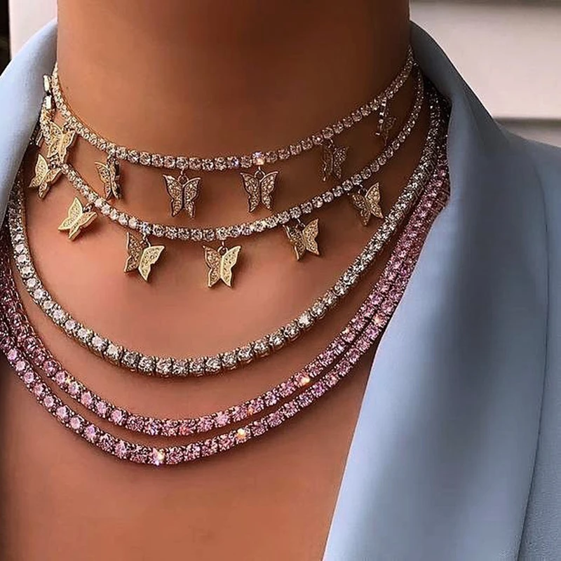 

5Pcs/Set Shiny Rhinestone Butterfly Necklace Multi Layer Bling Crystal Chain Choker Necklace Hip hop Nightclub Jewelry Gift