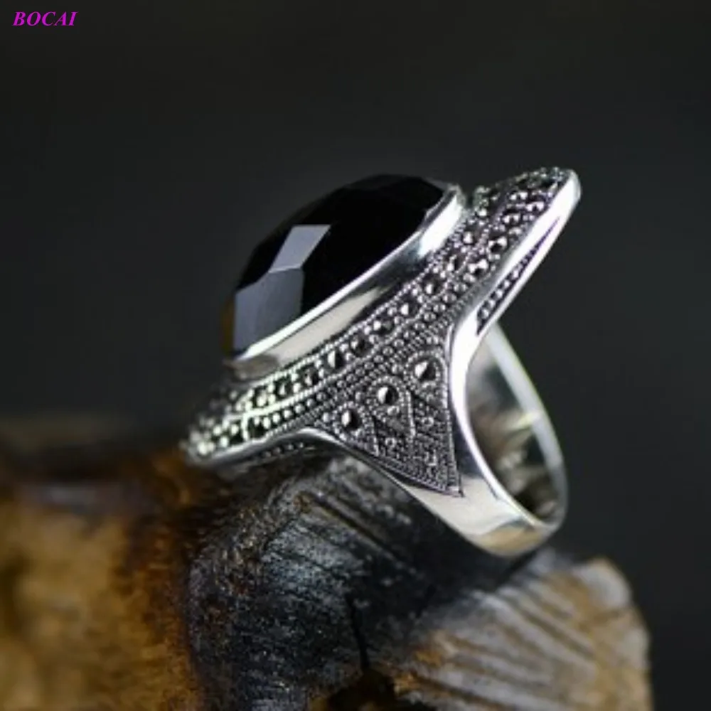 

BOCAI s925 sterling silver ring retro Thai silver jewelry Black Agate Gemstone atmosphere index finger middle finger female ring