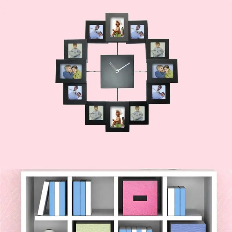 

14 Inch Photo Frame Fashion Clock Metal Photo Frame Wall Clock Color Paint Aluminum Frame Clock Without Battery (Black)