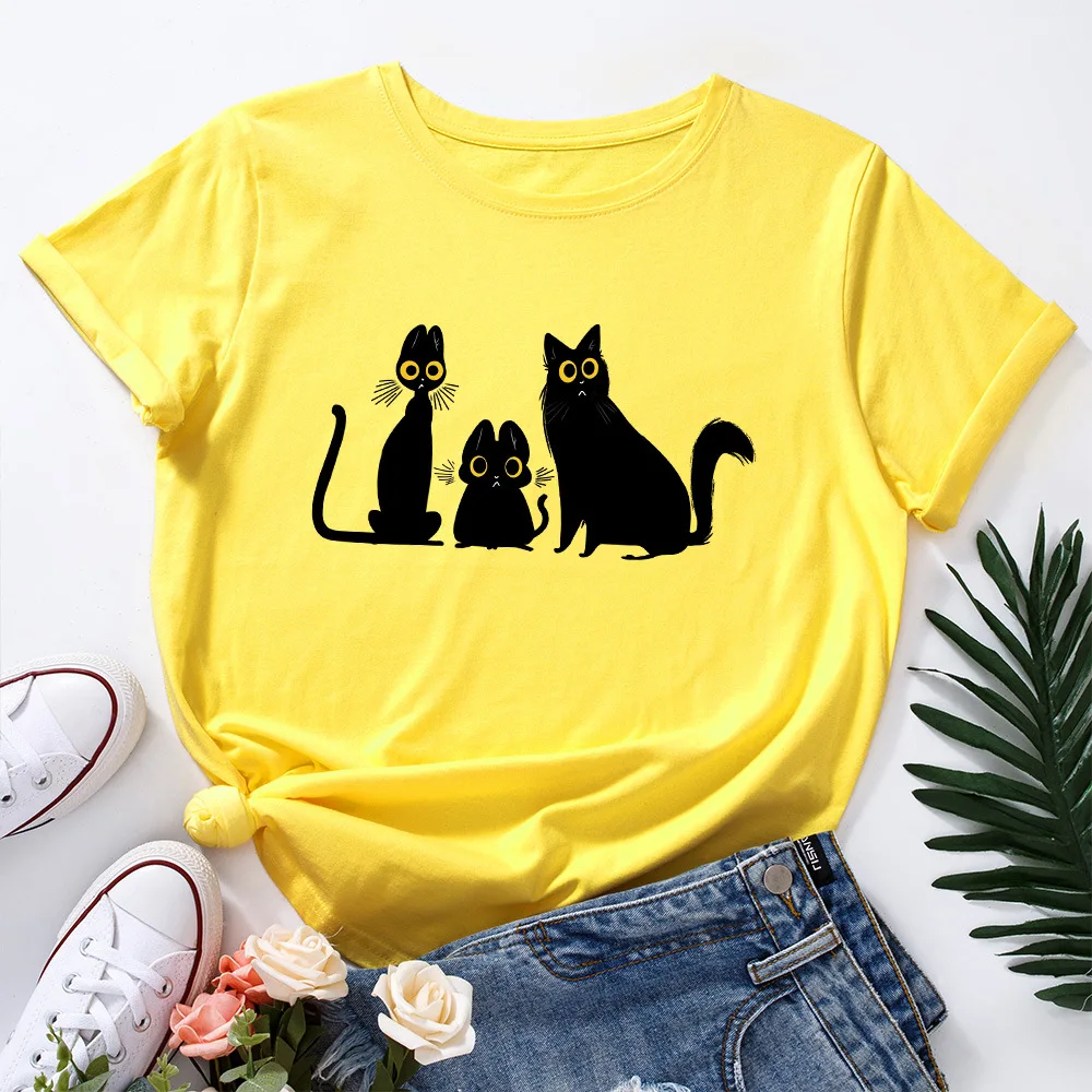 

Harajuku Women T-shirt Cartoon Funny Three Cats Print Tshirt Plus Size S-5XL 100%Cotton Short Sleeve Basic Tee Shirt Female Tops
