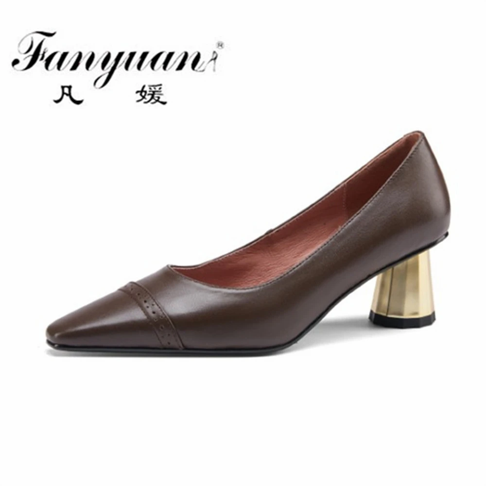 

Fanyuan Ins Concise Designer Loafers Genuine Leather Square Toe Shoes Woman Heels 2021 Spring Autumn Working Office Lady Shoes