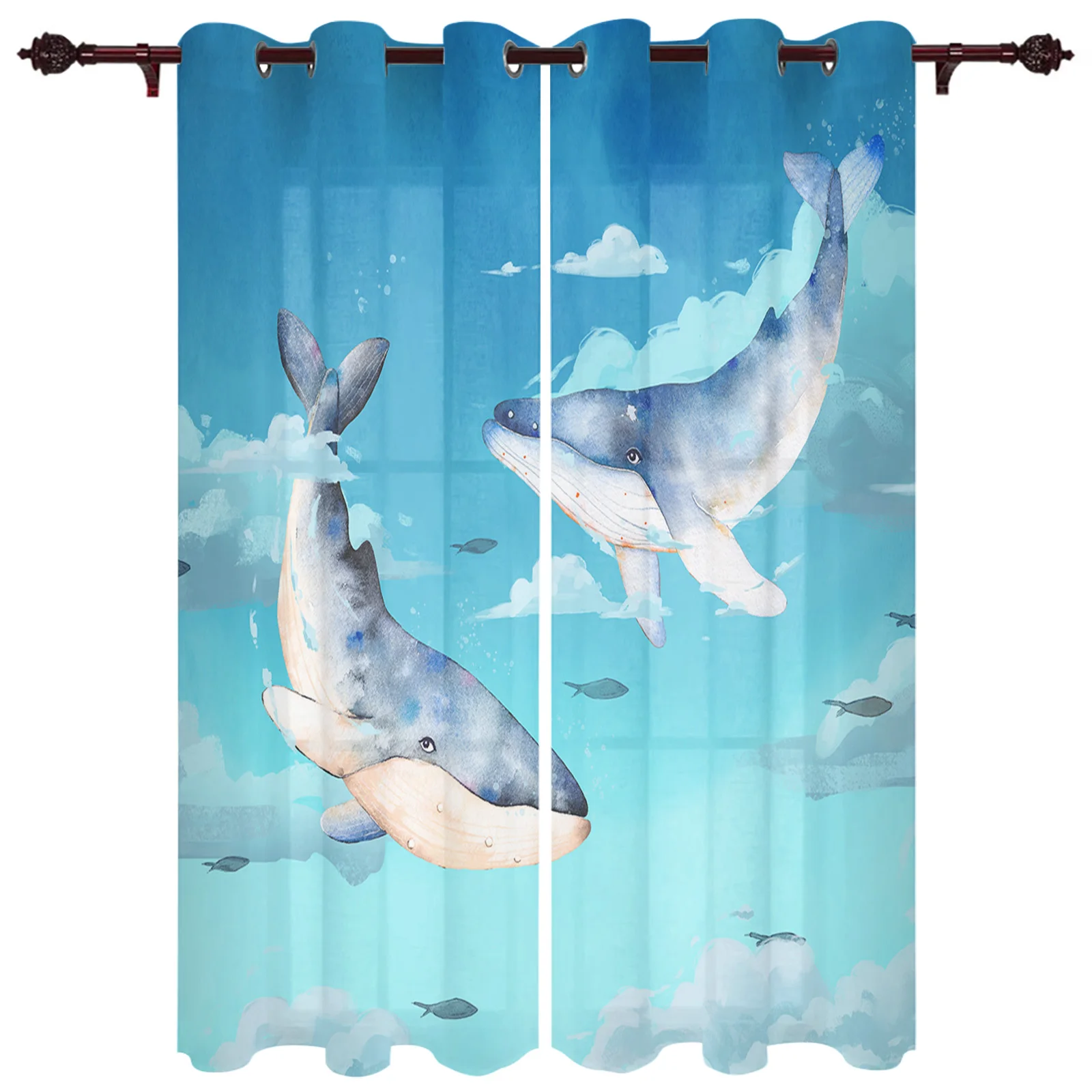 Шторы на окна с рисунком Кита белого облака голубого неба акварельные для