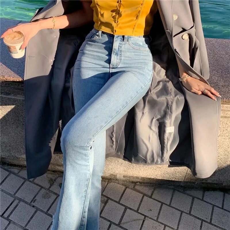 Womens High Waist Jeans 2021 Flare Denim Pants for Ladies Fashion Stretch Pocket Trousers Black Blue Slim Skinny Jean Femme