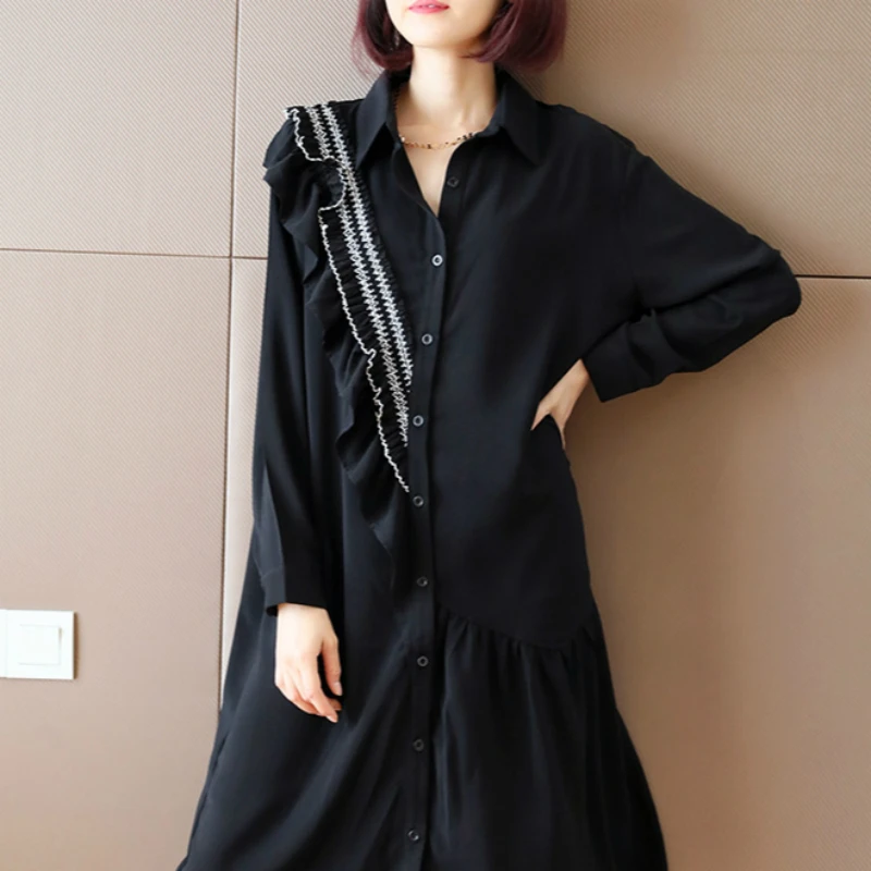 

2020 новинка зима осень длинный рукав певица однобортный лоскутный Свободный Топ с оборками Черный шифон Ретро рубашка платья для женщин