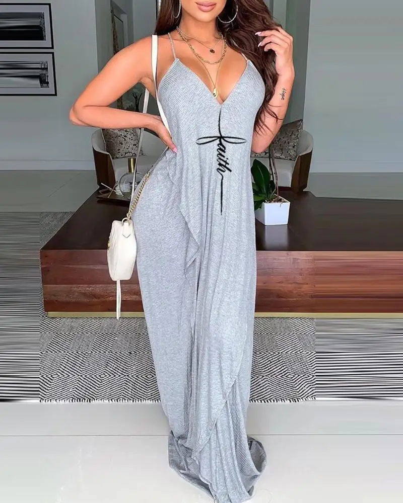 Платье-макси летнее с открытой спиной V-образным вырезом и принтом букв | Женская