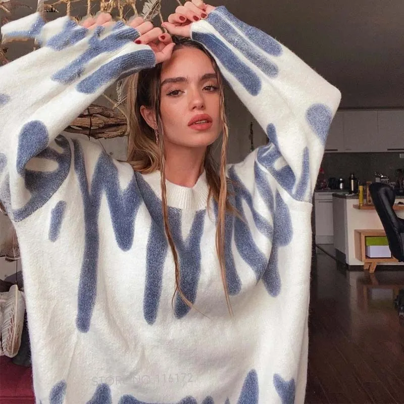 Элегантные пуловеры в зеленую полоску с принтом женские зимние свободные