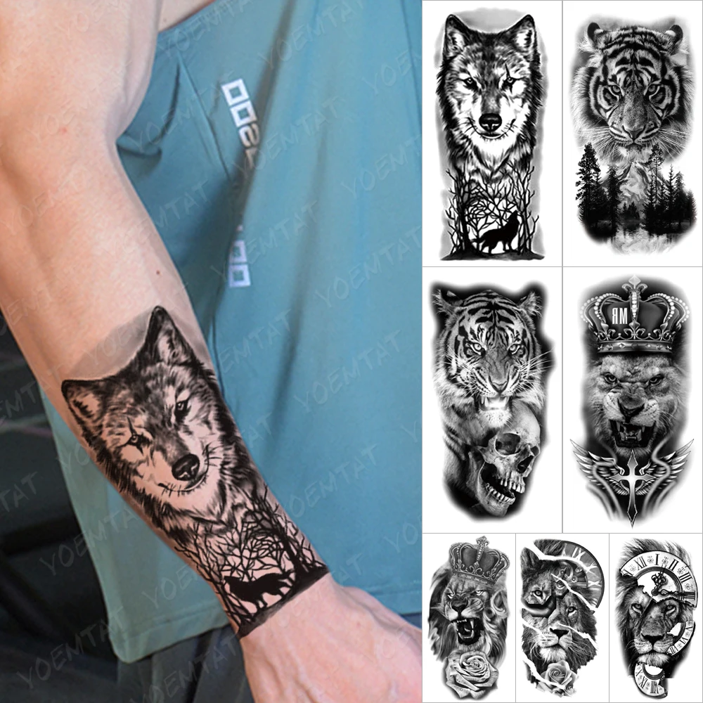 

Waterproof Temporary Tattoo Sticker Forest Moon Tree Wolf Flash Tattoos Tiger Lion Crown Skull King Body Art Arm Fake Tatoo Wome