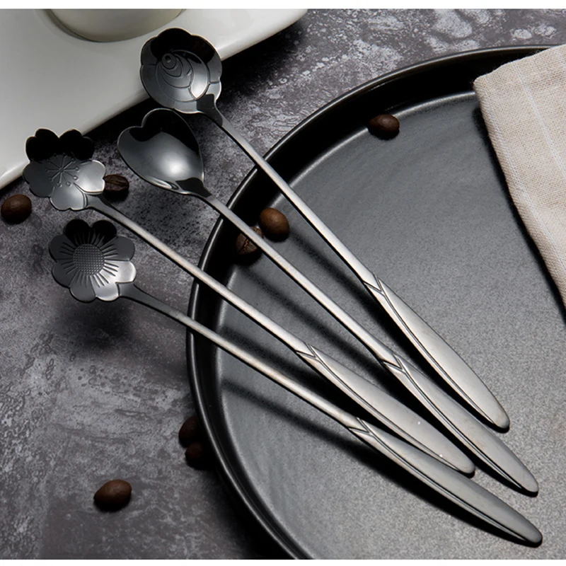 Stainless Steel Spoon Long Handle Flowers Heart Shape Ice Tea Coffee Dessert Kitchen Drink Tableware | Дом и сад