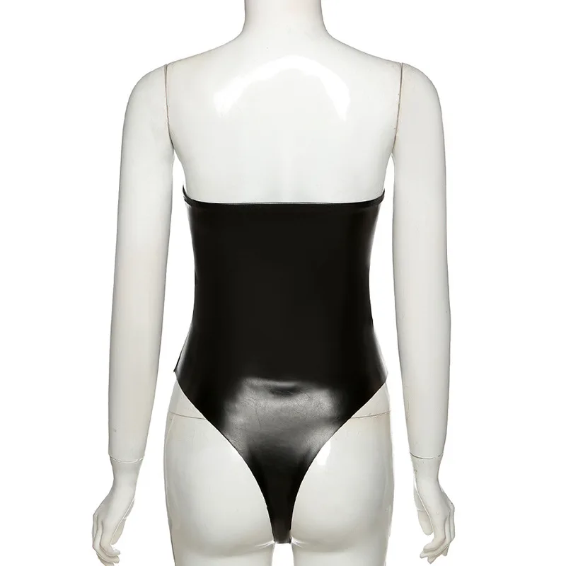

Black Faux PU Leather Bodysuit Sexy Night Club Off Shoulder Bandage Tie Up Skinny Backless Bustier Rompers One Piece Overall