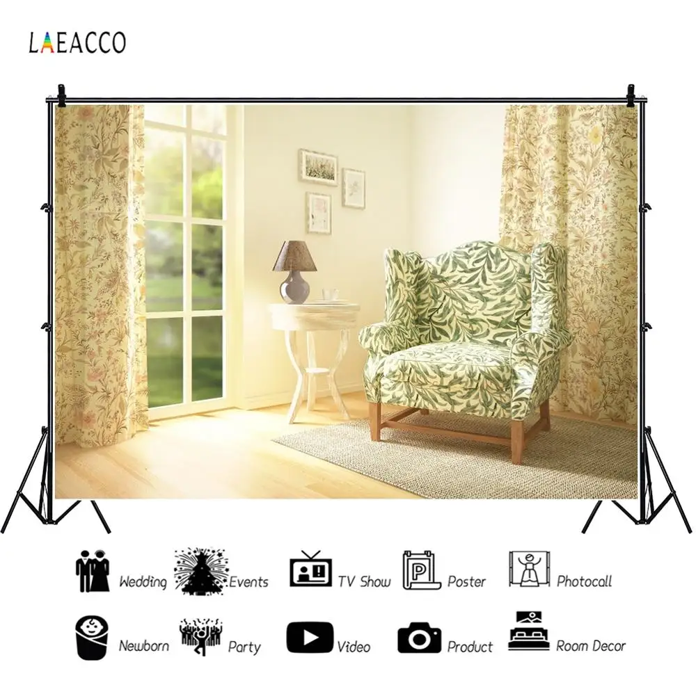 

Laeacco Living Room Wooden Flower Chair Window Curtain Table Lamp Interior Scene Background Photography Backdrop Photo Studio