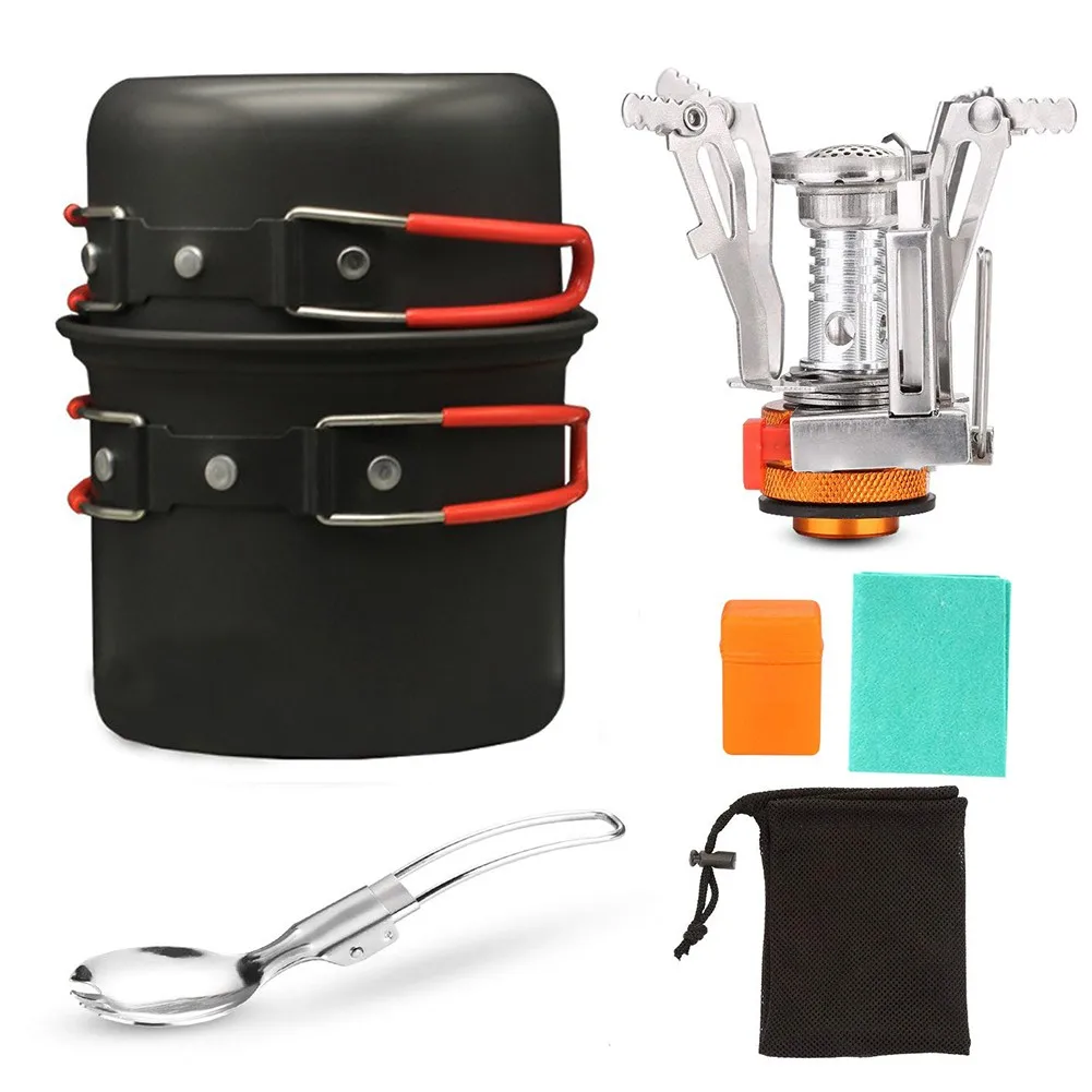 

Outdoor Camping Cookware Set Portable Picnic Stove Pot Pan+ Spoon+Gas Stove With Plastic Case With Bag For 1-2 People