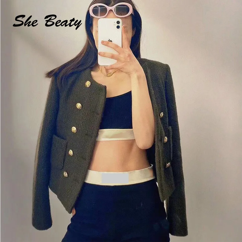 

Женская твидовая куртка She Beaty, двубортная куртка с длинным рукавом, элегантный топ в стиле High Street, Y2k, Осень-зима 2021