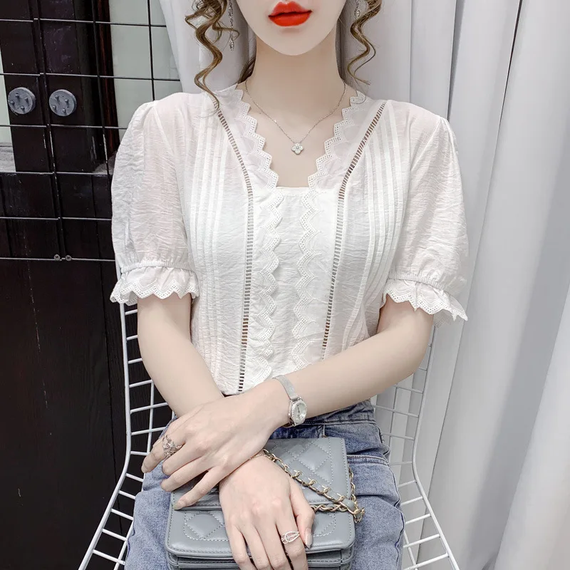

Houthion Chiffon Slim Women's Blouses New Casual Blouse Fashion Short Sleeve Top Solid Color Lace V-neck Pullover Summer