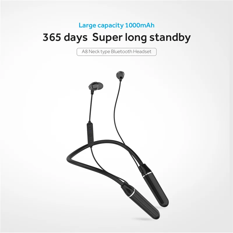 

A8 ультра-длительный режим ожидания Bluetooth 5,0 гарнитура наушники спортивные шейные наушники большой емкости металл магнитные всасывающие гол...