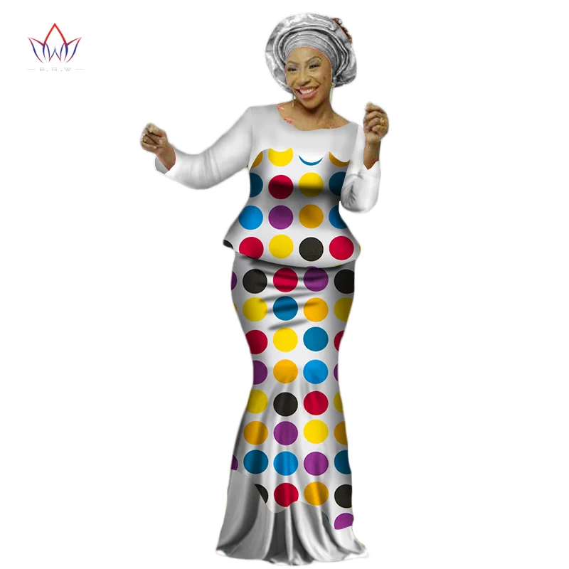 Africa Style Bazin Riche Dresses for Women Two Pieces Set Long Sleeve Tops and African Print Skirt Plus Size WY2454|bazin riche dress|bazin richerich