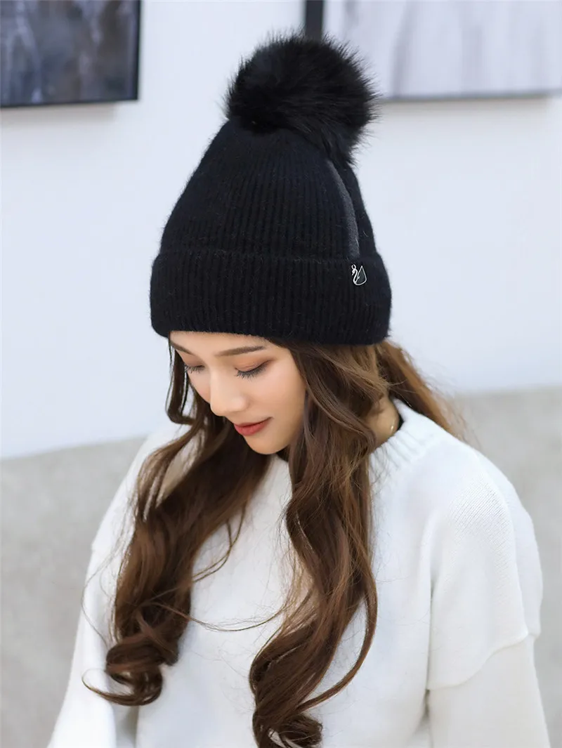 

JIUCE044 New Women's Rabbit Fur Knitted Hat Girl Hip Hop Beanies Pompom Skullies Lady Winter Thick Warm Cap